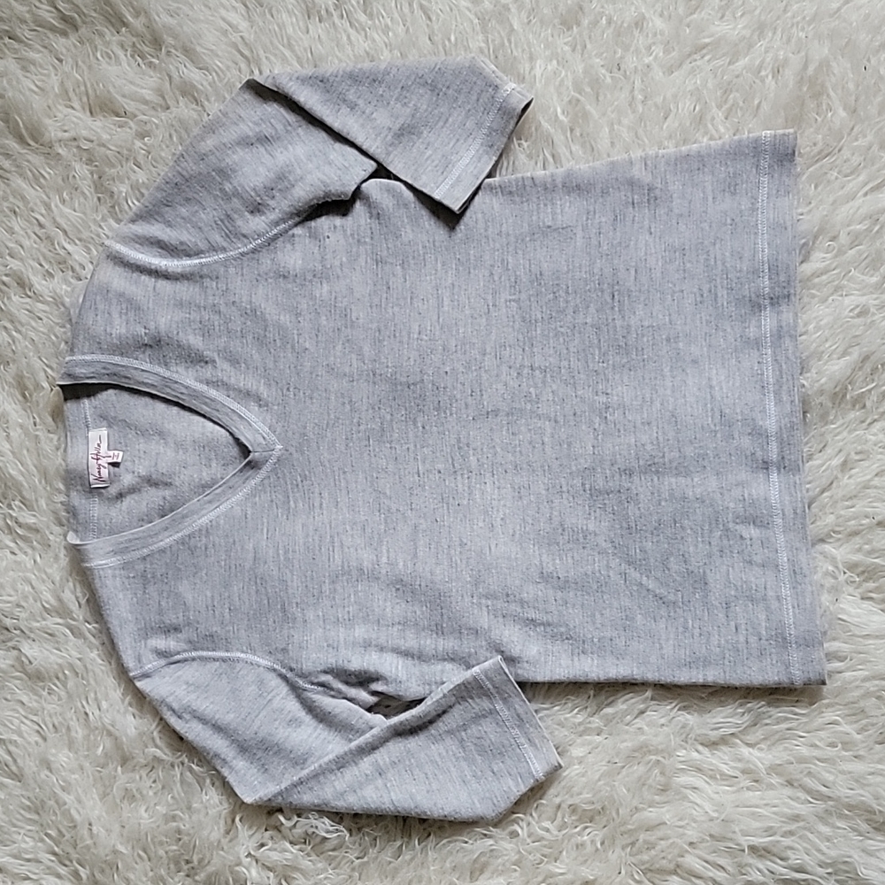 Nancy Heller 3/4 Sleeve V-Neck Cashmere Sweater Top Soft Light Gray